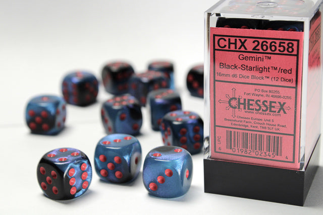 Chessex 16MM D6 Dice - Gemini - Black-Starlight/red