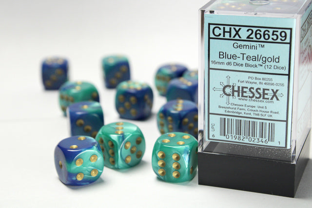 Chessex 16MM D6 Dice - Gemini - Blue-Teal/Gold