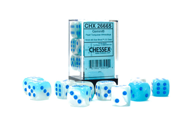 Chessex 16MM D6 Dice - Gemini Luminary - Pearl Turquoise-White/Blue