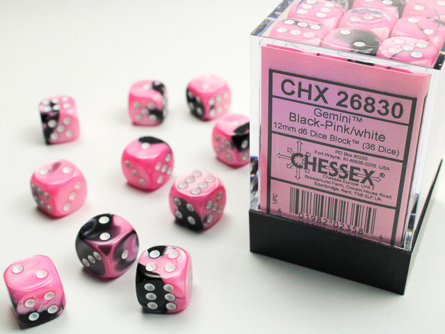 Chessex 12mm D6 Dice - Gemini - Black-Pink/white
