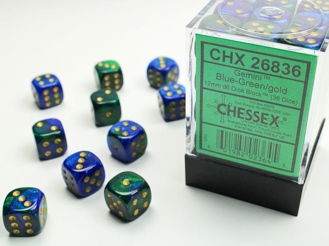 Chessex 12mm D6 Dice - Gemini - Blue-Green/gold