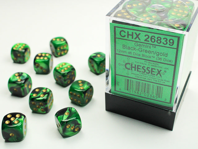 Chessex 12mm D6 Dice - Gemini - Black-Green/gold