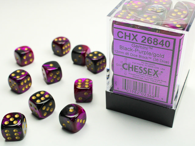 Chessex 12mm D6 Dice - Gemini - Black-Purple/Gold