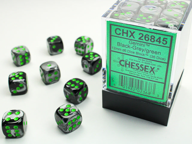 Chessex 12mm D6 Dice - Gemini - Black-Grey/green