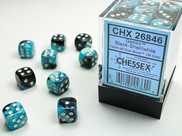 Chessex 12mm D6 Dice - Gemini - Black-Shell/white