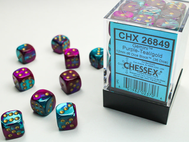 Chessex 12mm D6 Dice - Gemini - Purple-Teal/gold