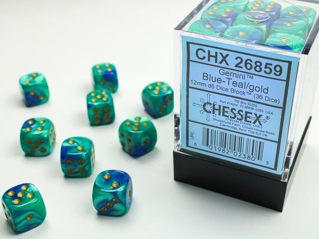 Chessex 12mm D6 Dice - Gemini - Blue-Teal/gold
