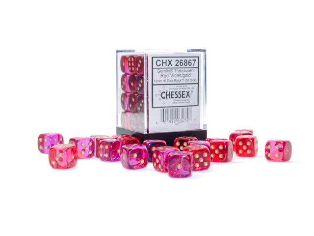 Chessex 12MM D6 Dice - Gemini Translucent - Red-Violet/Gold