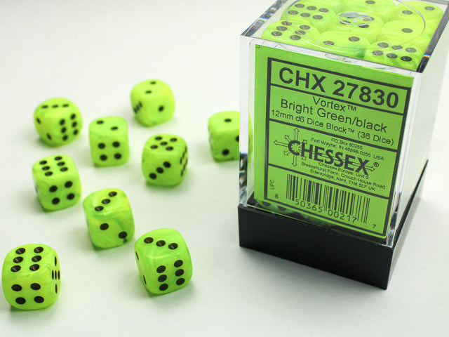 Chessex 12MM D6 Dice - Vortex - Bright Green/black
