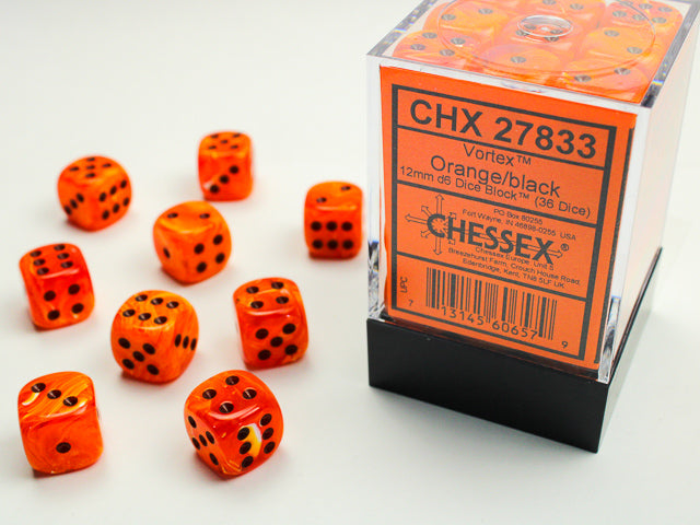 Chessex 12MM D6 Dice - Vortex - Orange/black