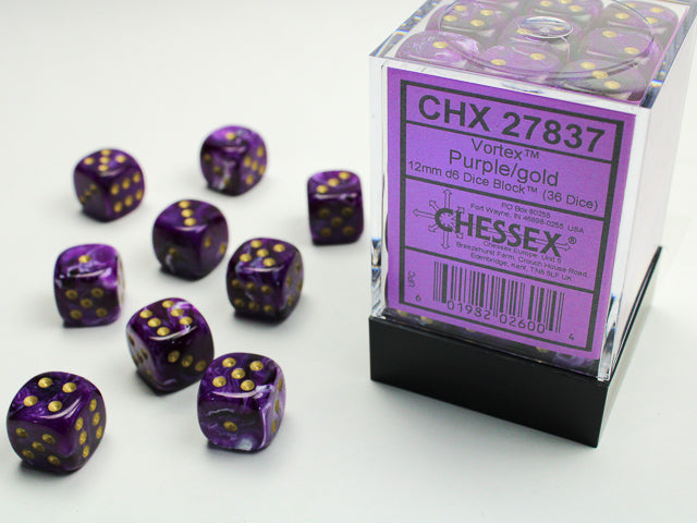 Chessex 12MM D6 Dice - Vortex - Purple/Gold