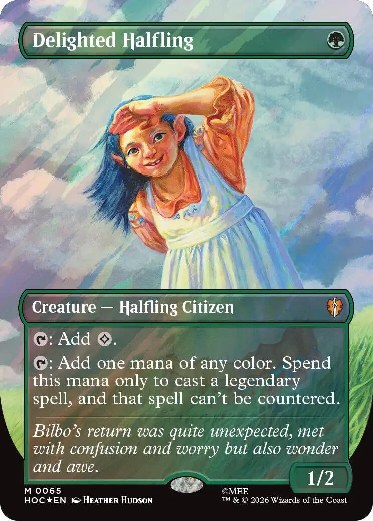 Image for Delighted Halfling (Borderless) (Surge Foil) (65) (HOC) - Magic: The Gathering