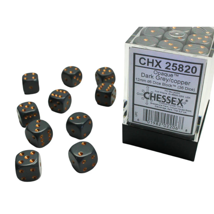 Chessex 12MM D6 Dice - Opaque  - Dark Grey/Copper
