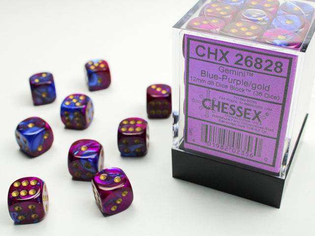 Chessex 12mm D6 Dice - Gemini - Blue-Purple/gold