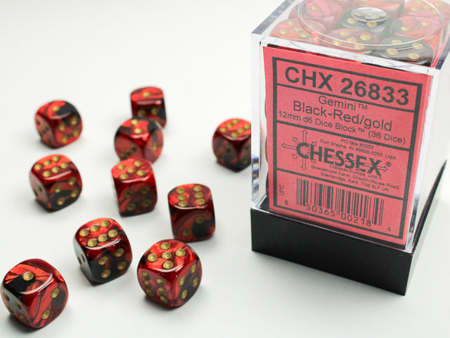 Chessex 12mm D6 Dice - Gemini - Black-Red/gold