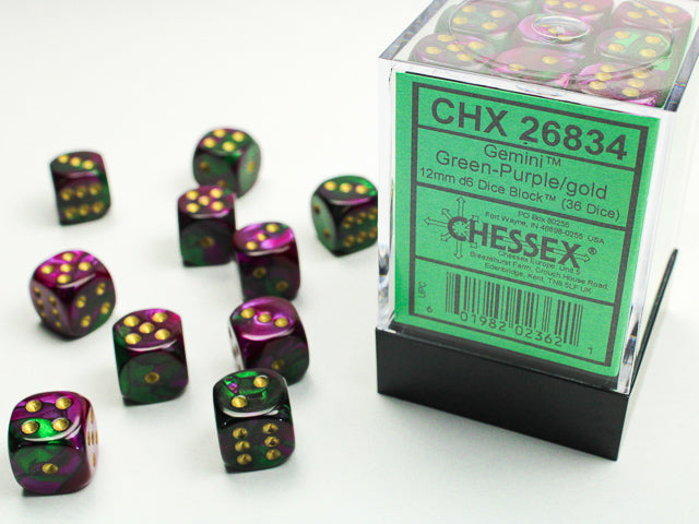Chessex 12mm D6 Dice - Gemini - Green-Purple/gold