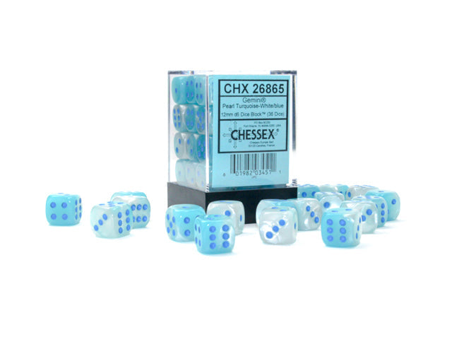 Chessex 12MM D6 Dice - Gemini Luminary - Pearl Turquoise-White/Blue