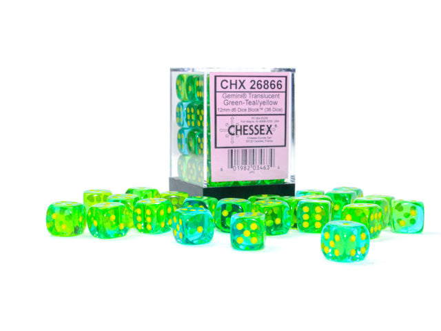 Chessex 12MM D6 Dice - Gemini Translucent - Green-Teal/yellow