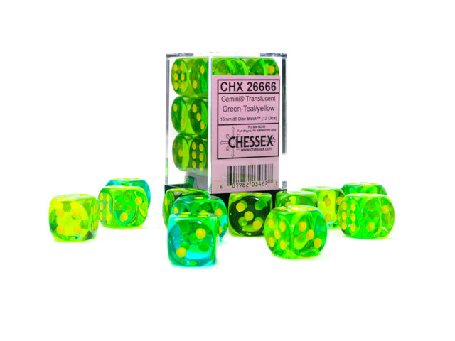 Chessex 16MM D6 Dice - Gemini Translucent - Green-Teal/Yellow