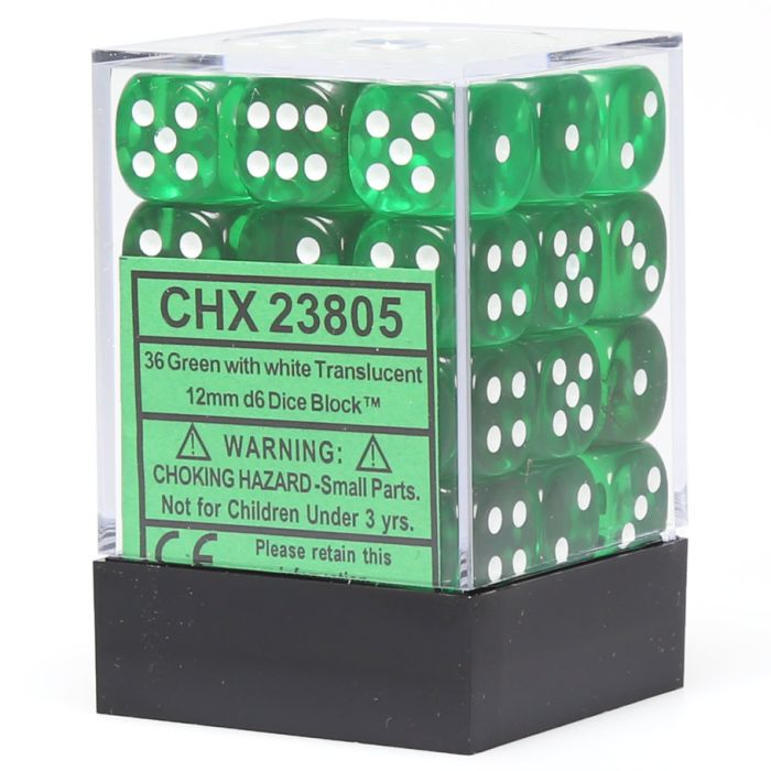 Chessex 12MM D6 Dice - Translucent - Green/White