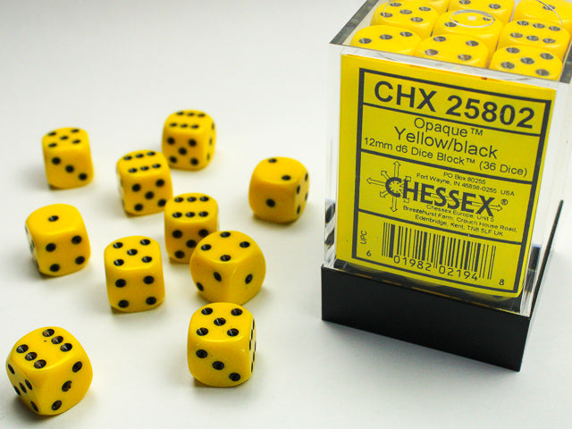 Chessex 12MM D6 Dice - Opaque  - Yellow/Black