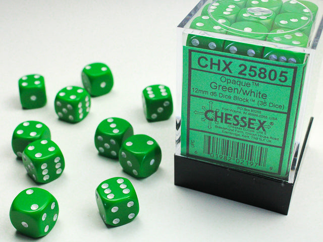 Chessex 12MM D6 Dice - Opaque - Green/White