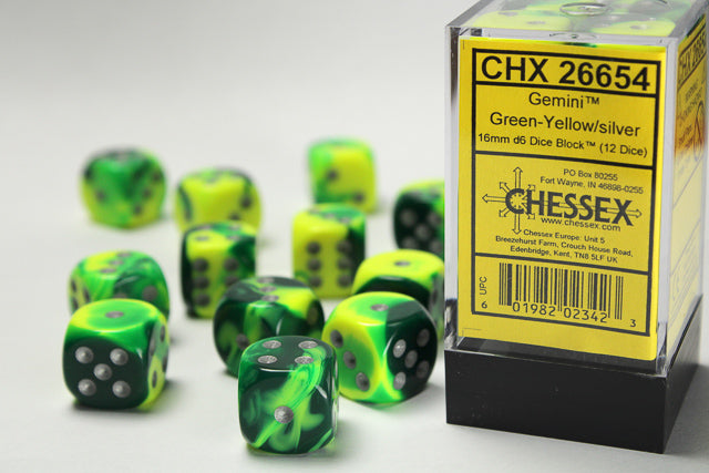 Copy of Chessex 16MM D6 Dice - Gemini  - Green-Yellow/Silver