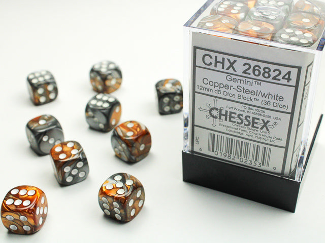 Chessex 12MM D6 Dice - Gemini - Copper-Steel / White