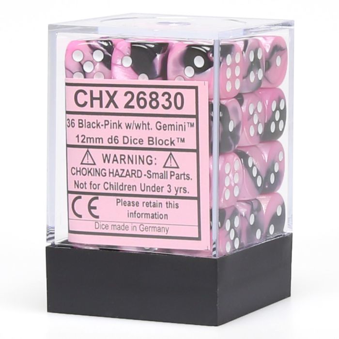 Chessex 12mm D6 Dice - Gemini - Black-Pink/White