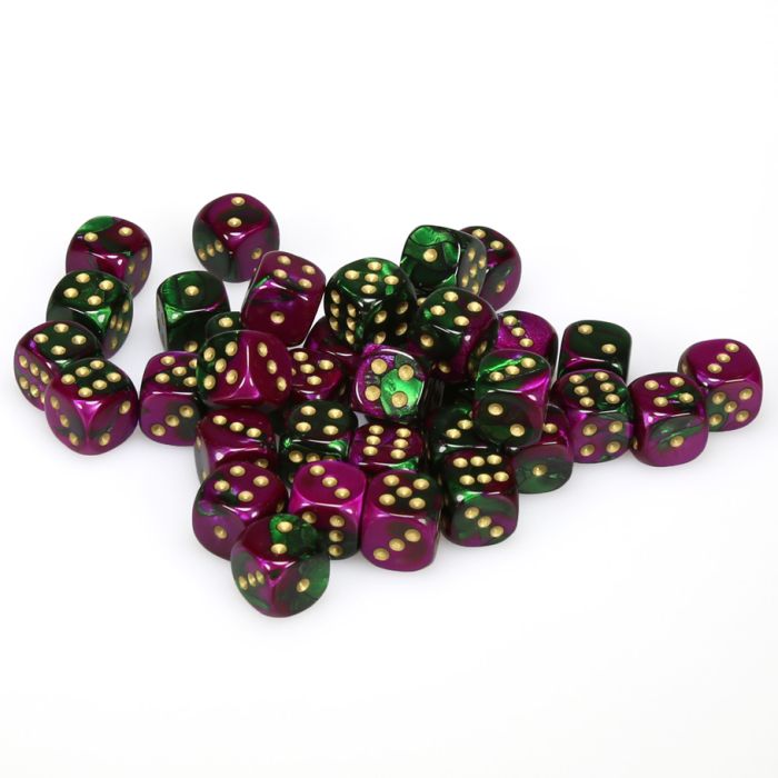 Chessex 12mm D6 Dice - Gemini - Green-Purple/Gold