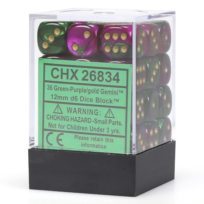 Chessex 12mm D6 Dice - Gemini - Green-Purple/Gold