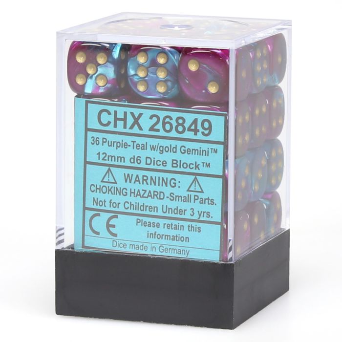 Chessex 12mm D6 Dice - Gemini - Purple-Teal/Gold