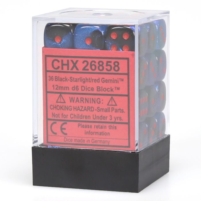 Chessex 12mm D6 Dice - Gemini - Black-Starlight/Red