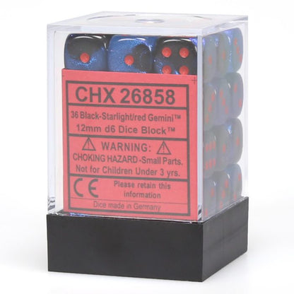 Chessex 12mm D6 Dice - Gemini - Black-Starlight/Red