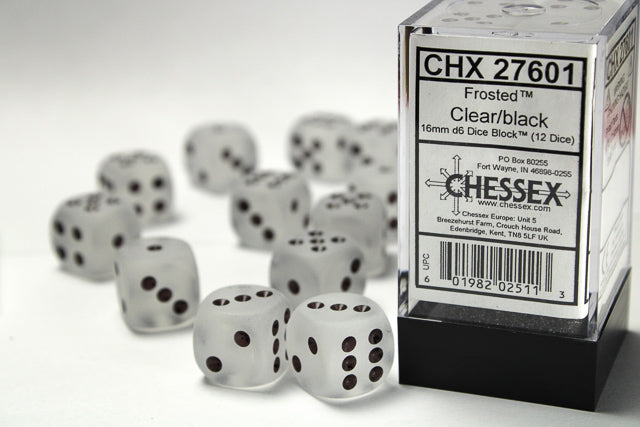 Chessex 16MM D6 Dice - Frosted - Clear/Black