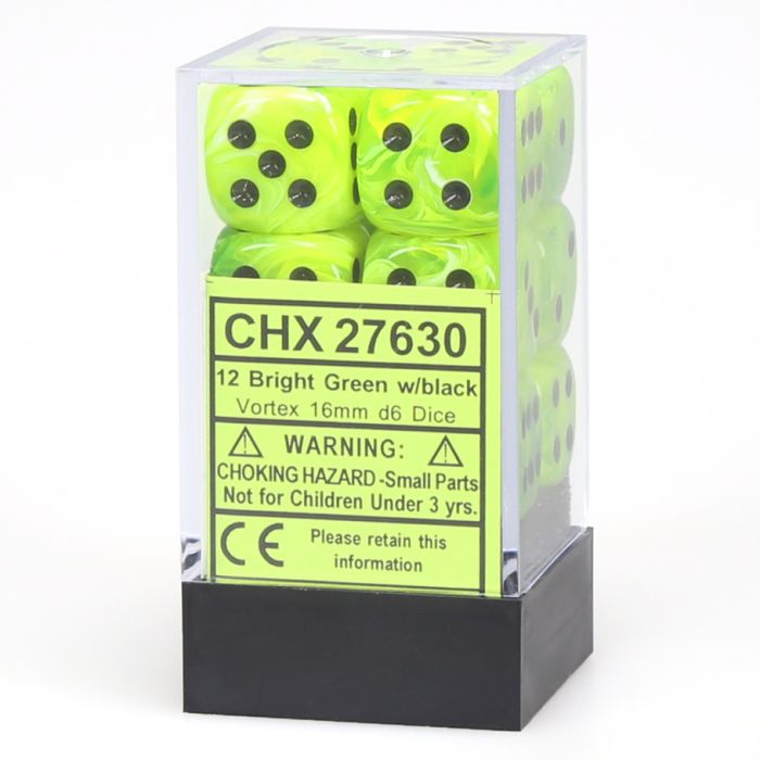 Chessex 16MM D6 Dice - Vortex - Bright Green/Black