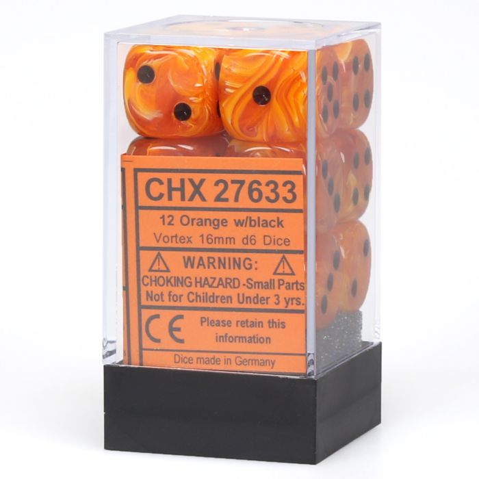 Chessex 16MM D6 Dice - Vortex - Orange/Black