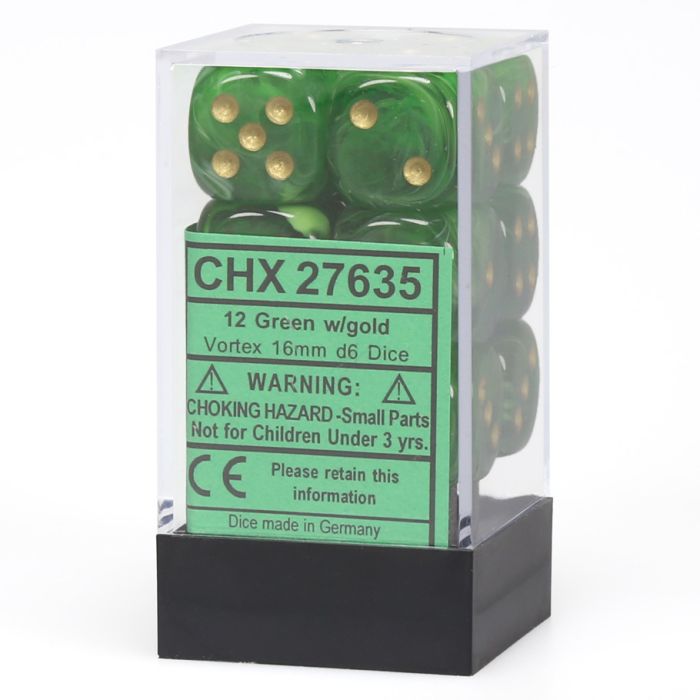 Chessex 16MM D6 Dice - Vortex - Green/Gold