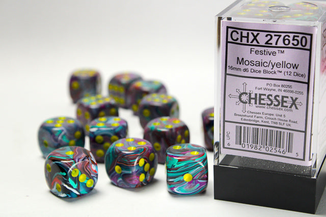 Chessex 12MM D6 Dice - Festive - Mosaic/Yellow