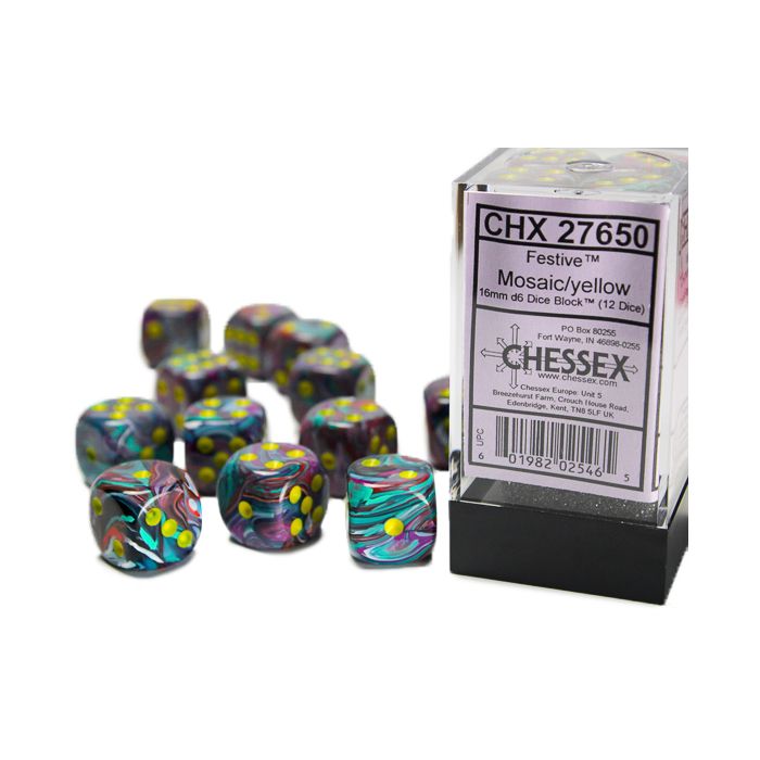 Chessex 12MM D6 Dice - Festive - Mosaic/Yellow