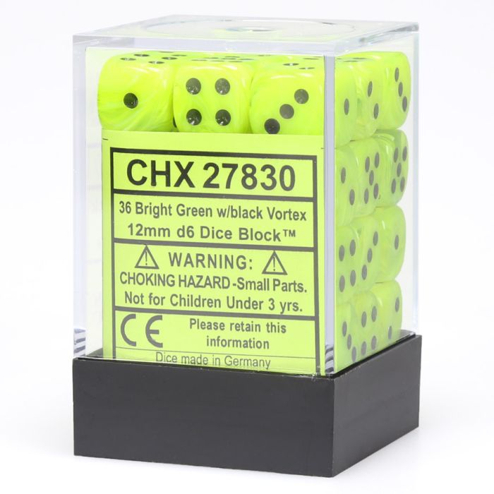 Chessex 12MM D6 Dice - Vortex - Bright Green/Black