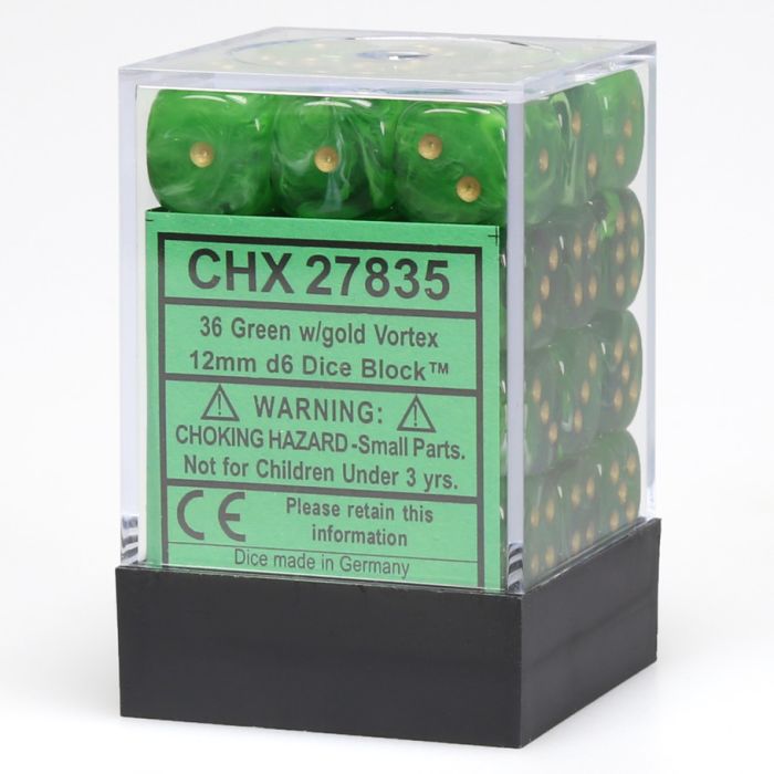 Chessex 12MM D6 Dice - Vortex - Green/Gold