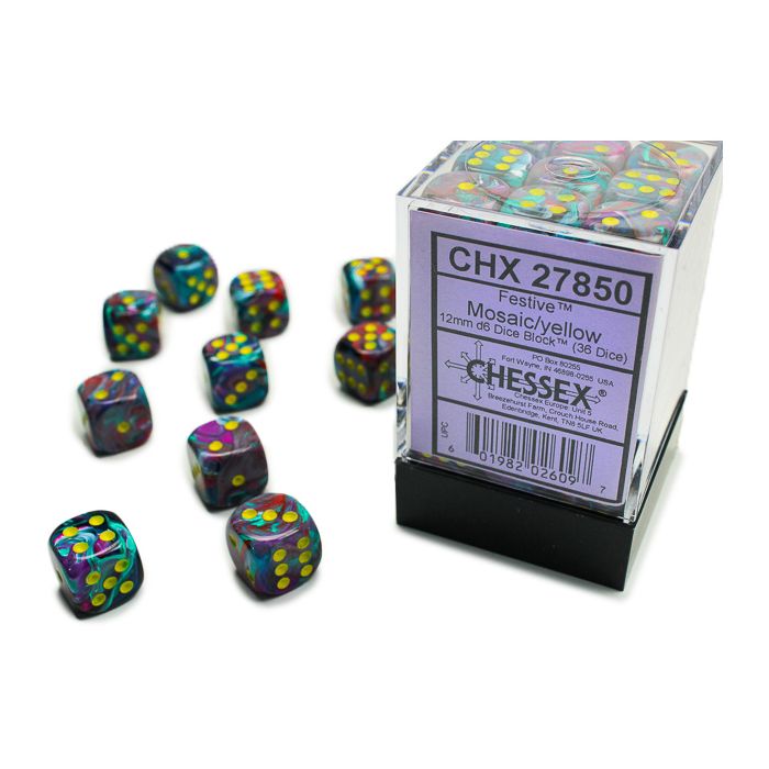 Chessex 12MM Dice Festive - Mosaic/Yellow