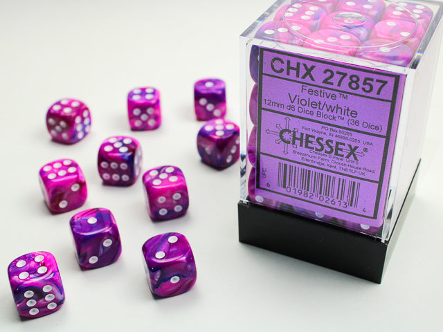 Chessex 12MM D6 Dice - Festive - Violet/White