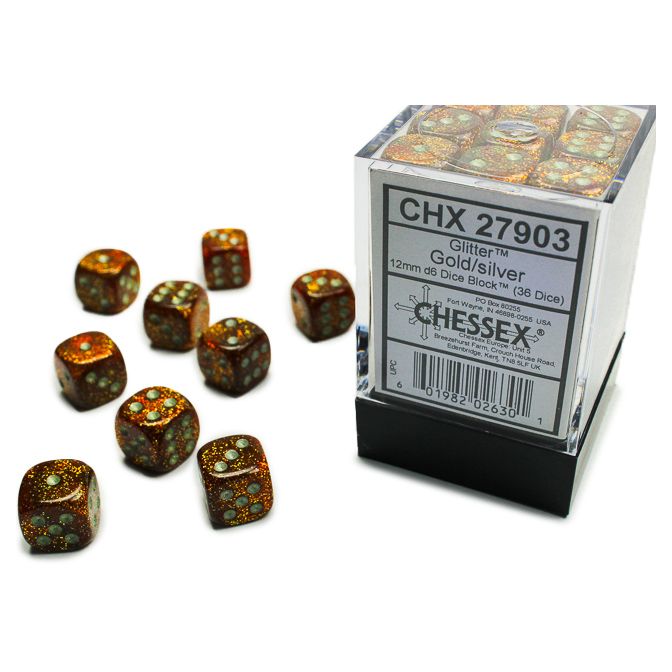 Chessex 12MM D6 Dice - Glitter - Gold/Silver