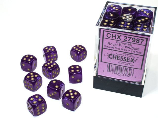Chessex 12MM D6 Dice - Borealis - Royal Purple/Gold