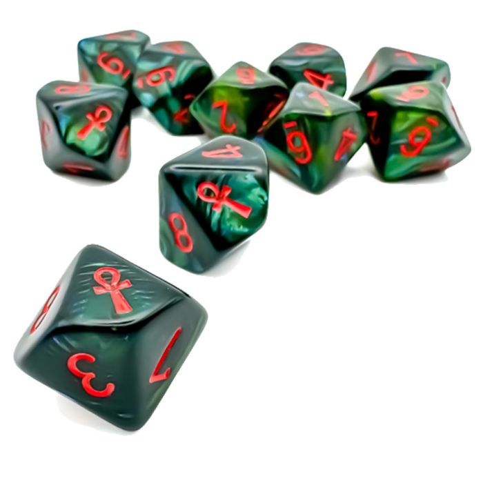Chessex 10-Die D10 Set - Ankh Scarab - Jade/Red