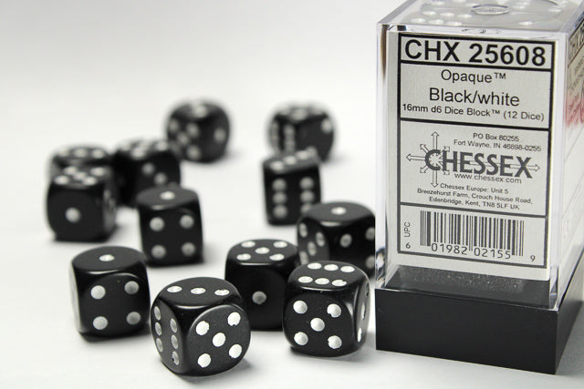 Chessex 16MM D6 Dice - Opaque - Black/White