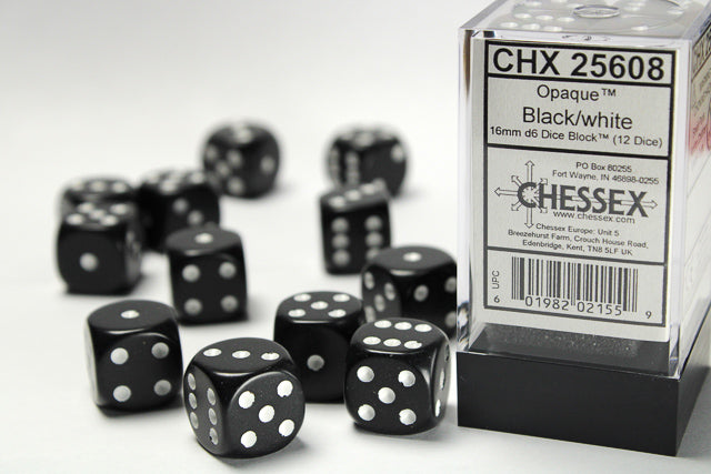 Chessex 16MM D6 Dice - Opaque - Black/white