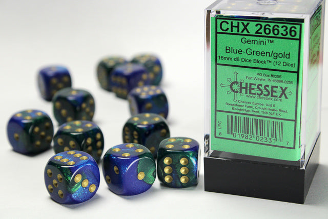 Chessex 16MM D6 Dice - Gemini  - Blue-Green/gold